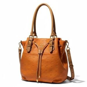 MCM Vintage Dessau Visetos Fiesta Drawstring Leather Tote Bucket Bag
